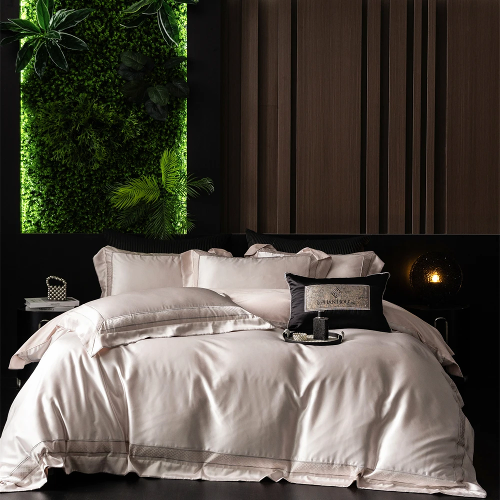 皇室嘉和伊丽卡全棉四件套轻奢高档简约纯棉宽边绣花高支高密四季