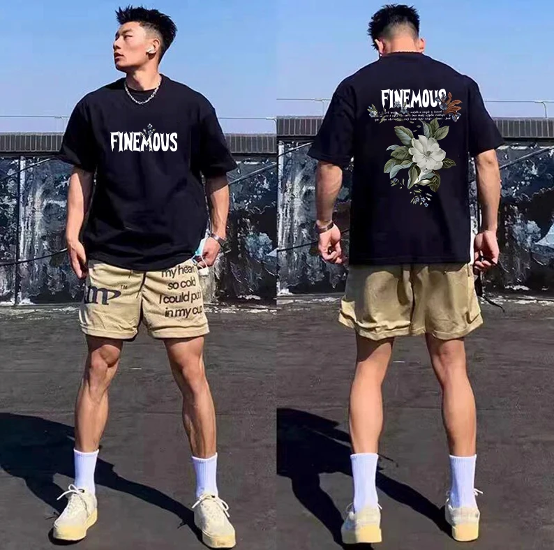 美式高级感男装ins时尚印花纯棉男T恤休闲圆领宽松夏季百搭短袖T