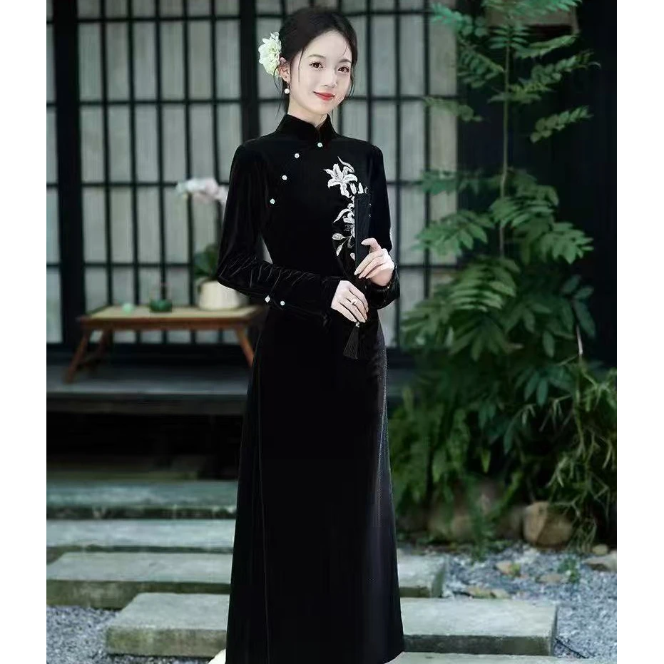 江南春【烟雨江南】秋冬新中式国风复古丝绒绣花收褶收腰显瘦旗袍裙