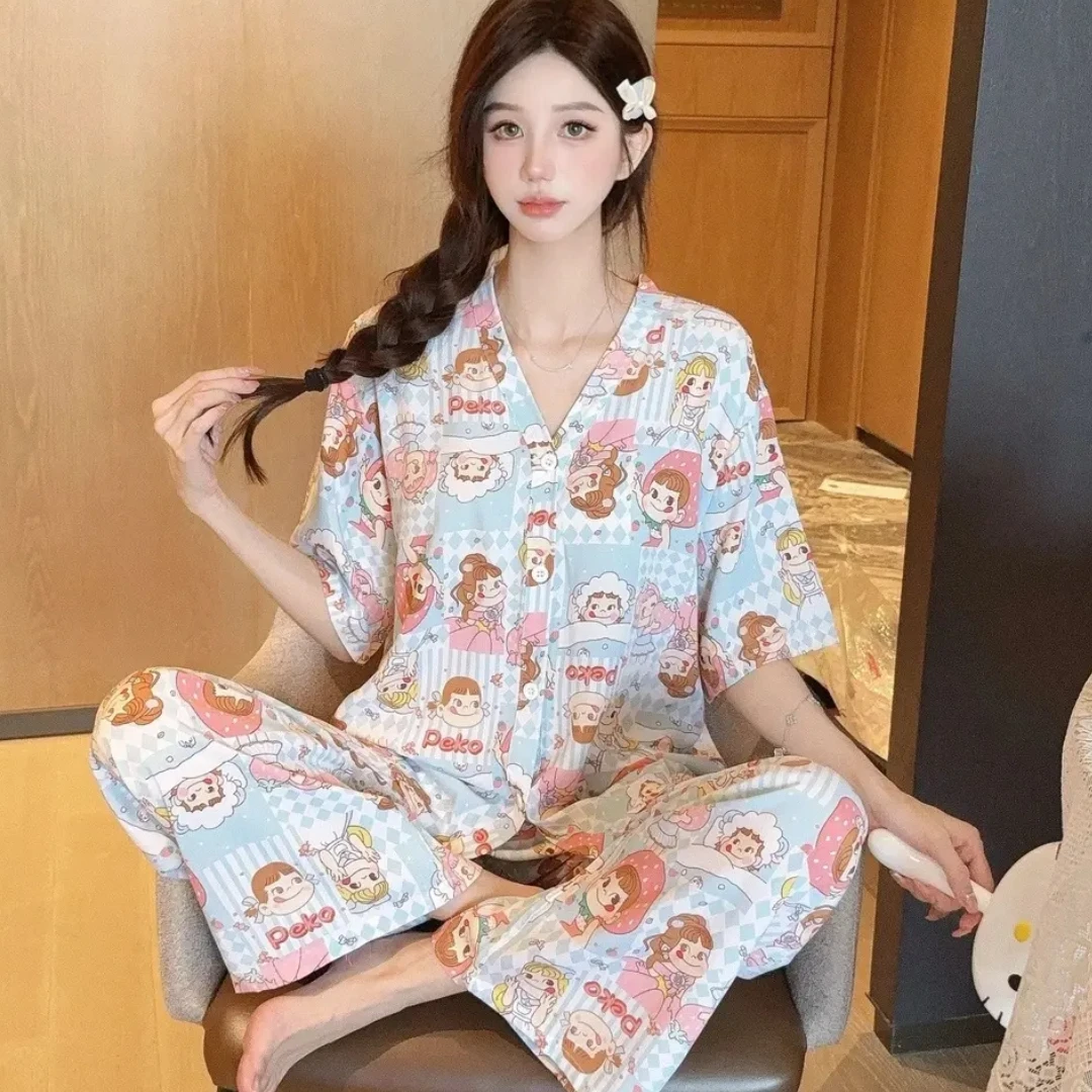 夏季绵绸透气舒适短袖居家套装睡衣家居服