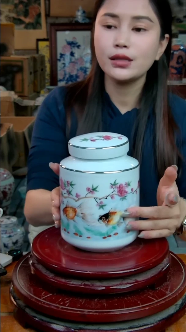 摆件陶景德镇陶瓷摆件金鱼茶叶罐