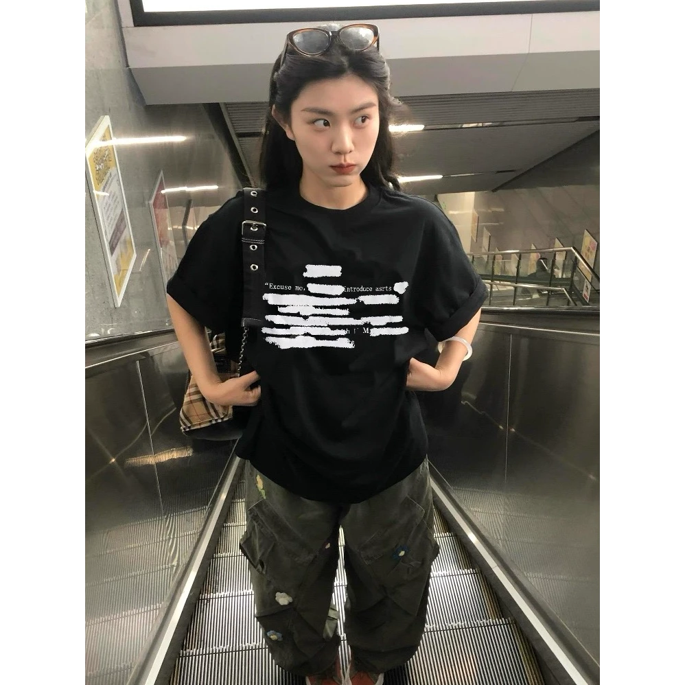 夏季新款女装重磅纯棉T恤短袖女宽松休闲百搭字母印花上衣女圆领