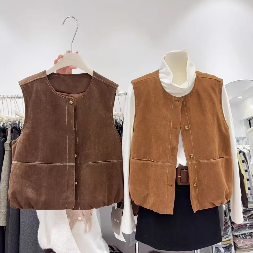 加棉法式复古明线麂皮绒无袖马甲女秋冬季宽松马夹背心外套