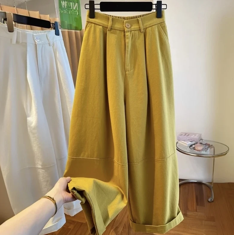 黄色九分阔腿裤女春夏新款宽松休闲显瘦直筒大版气球裤工装裤