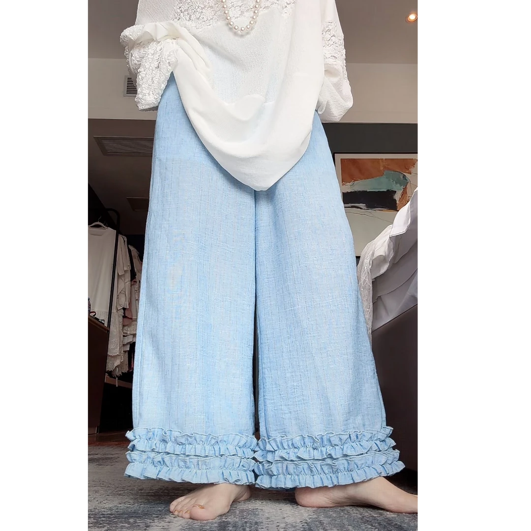 复古木耳边薄款女夏季2025新品舒适松紧腰亮丝直筒休闲裤