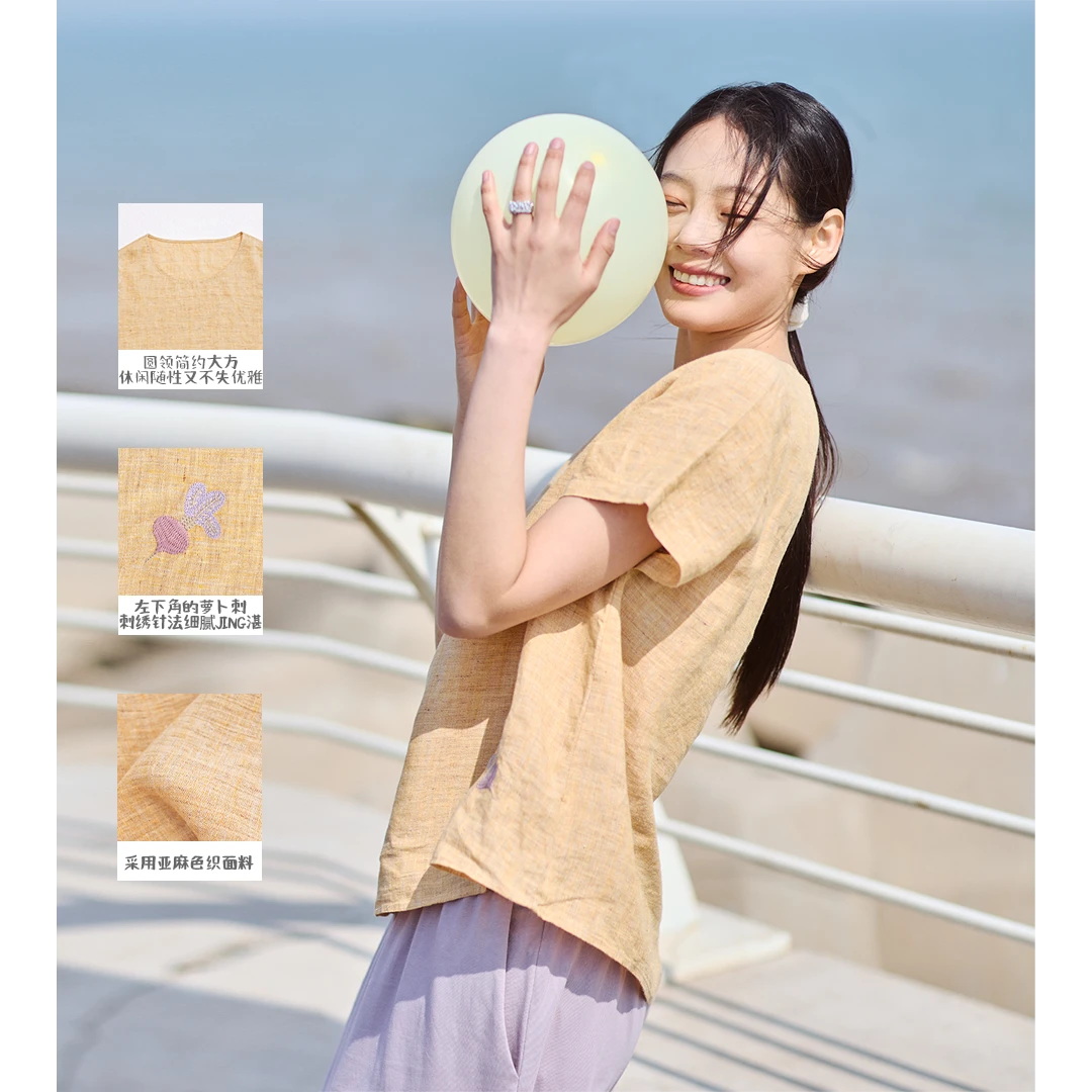 无色无味【至简】亚麻色织复古休闲萝卜刺绣圆领套头短袖