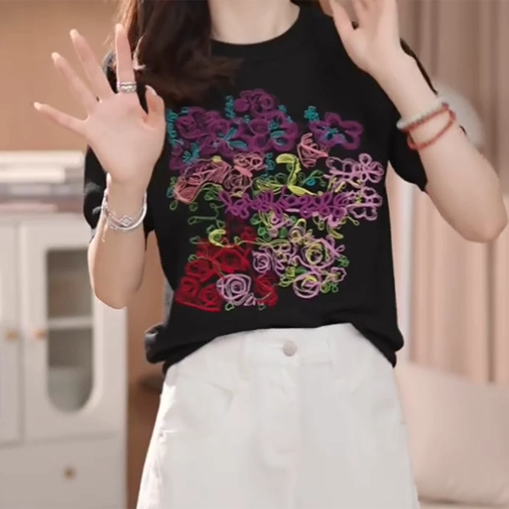 【花团锦簇】2025新款针织衫女百搭T恤夏季薄宽松圆领时尚