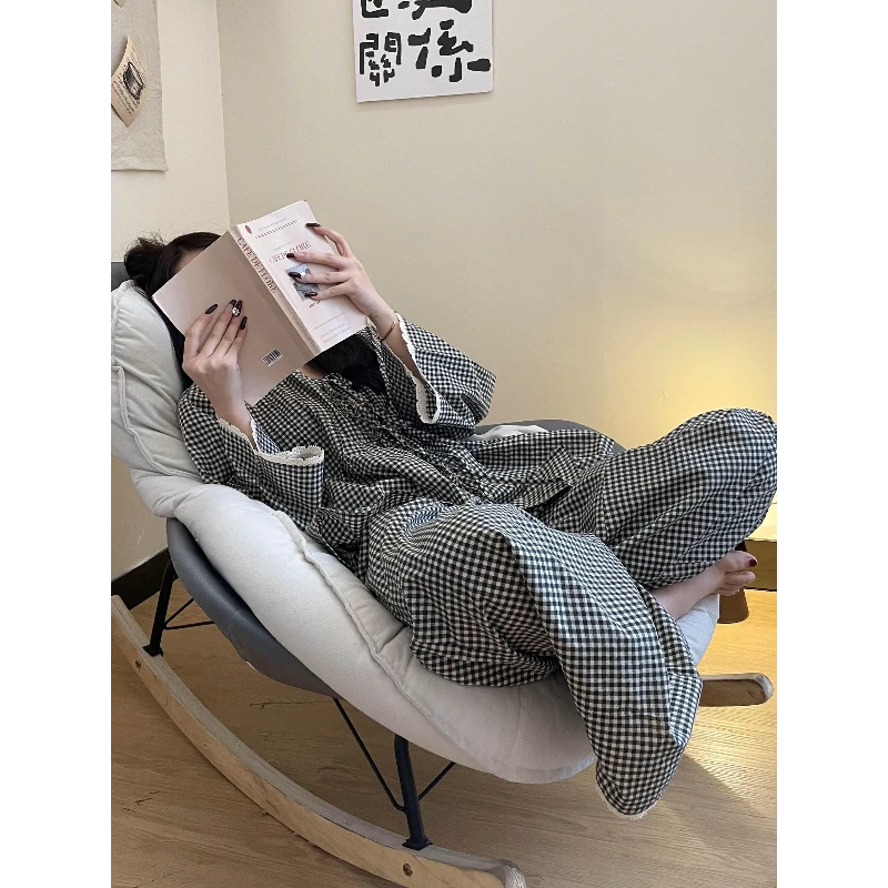 韩版蕾丝花边格子新款宽松大码可外穿棉纱家居睡衣长袖长裤家居服