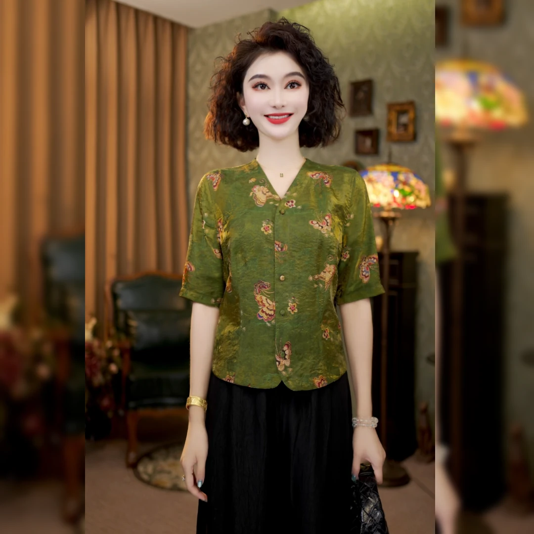 中国风复古上衣女2025夏季新款气质中年妈妈V领短袖衬衫LYGSY1156