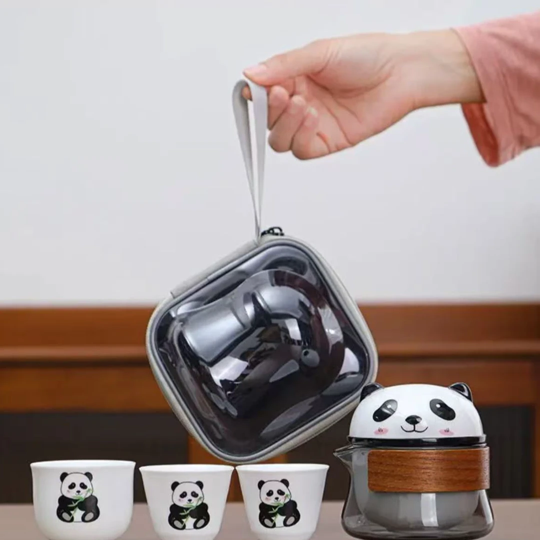 熊猫便携式旅行茶具快客杯户外泡茶壶一壶三杯陶瓷茶具