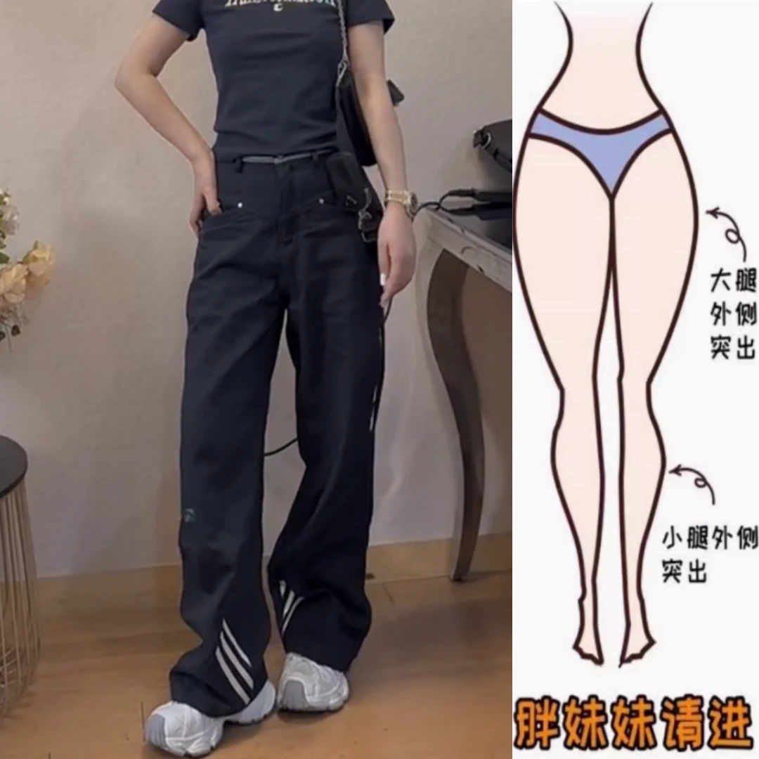 景倩妮竖纹时尚设计感休闲裤2025春季新款梨形高腰显瘦宽松阔腿裤