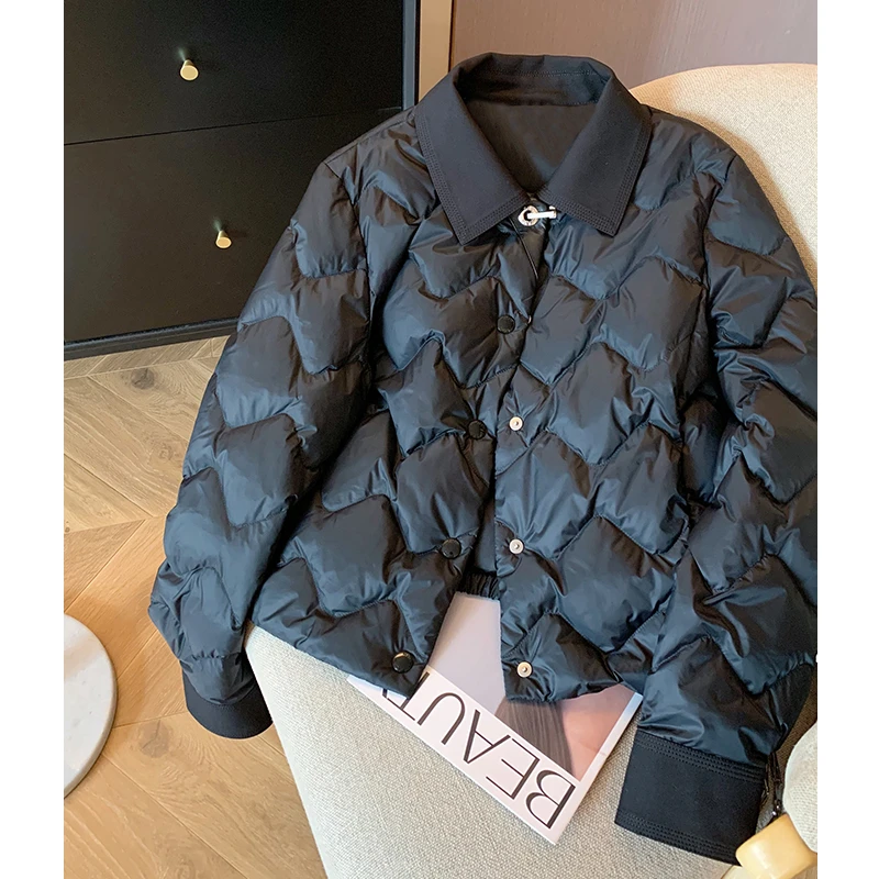 黑色翻领小香风菱格棉衣棉服女百搭别致保暖夹棉外套6035（黑色）PZ