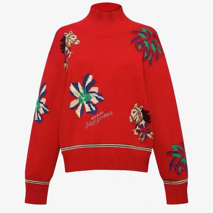 【新年系列】E+2026新款红色提花针织毛衣高领羊毛衫0526