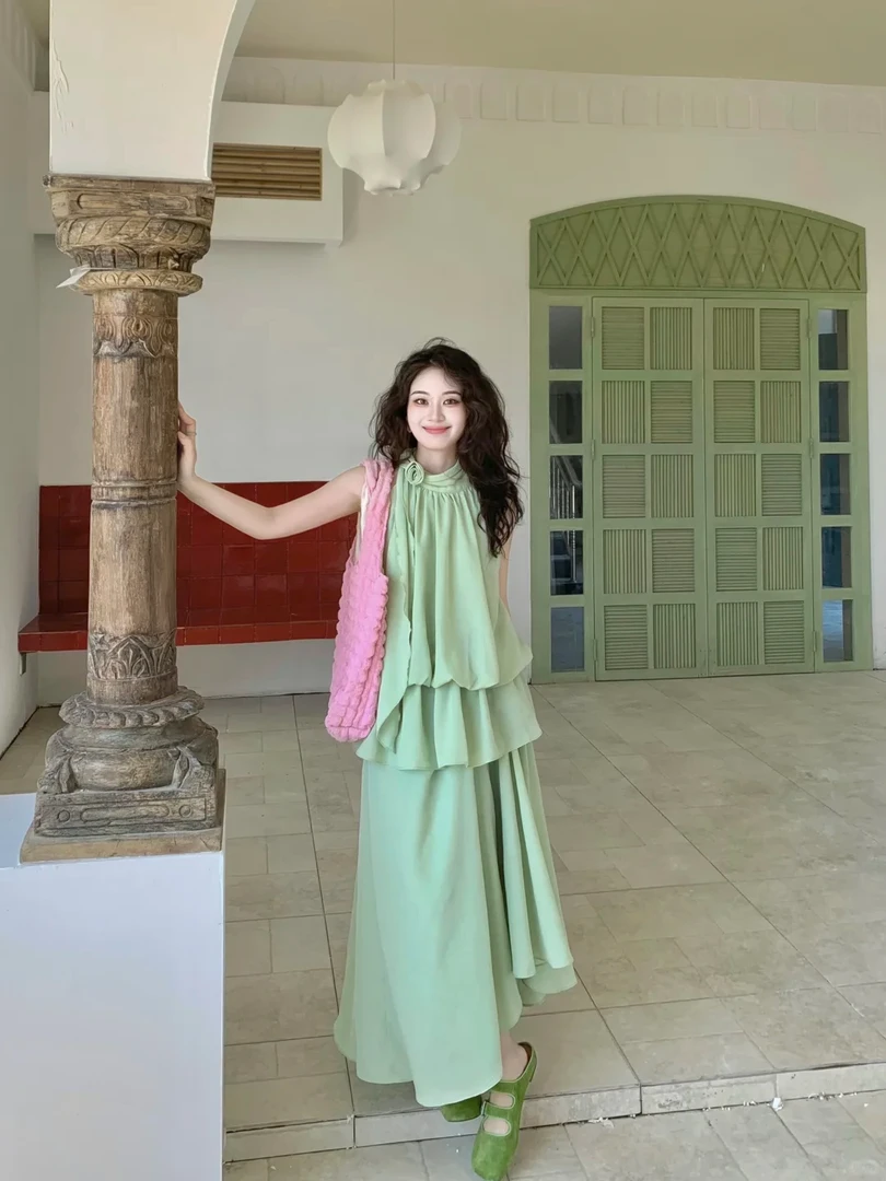 韩版2025夏季新款宽松套装挂脖系带吊带上衣高腰垂感半身裙两件套