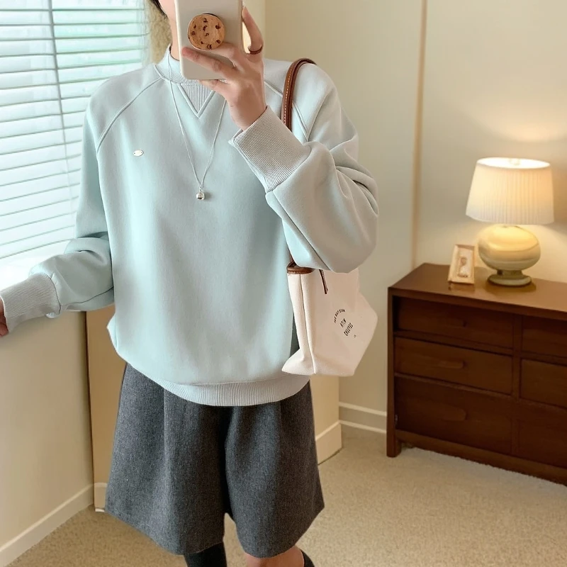 冬季新款纯色极简风半高领卫衣韩版宽松百搭时尚减龄秋冬设计感