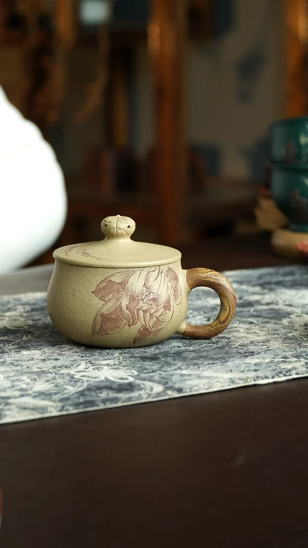 茶杯紫砂43号 李建军老师芝麻段荷花盖杯 宜兴紫砂原矿作品