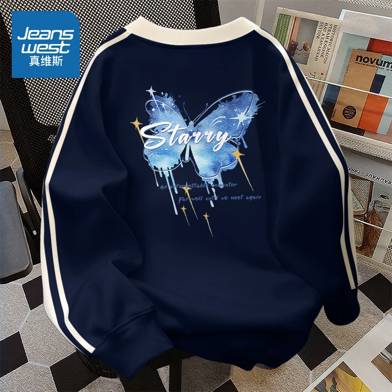 真维斯条纹圆领卫衣女款美式印花oversize设计学院风休闲长袖上衣