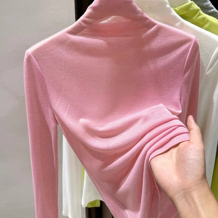 粉色薄款微透打底T恤秋季新款百搭长袖半高领纯色软糯针织上衣女