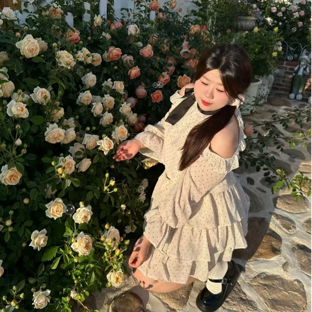 叮叮家【软糖少女】法式荷叶边波点雪纺上衣+蛋糕半身短裙两件套