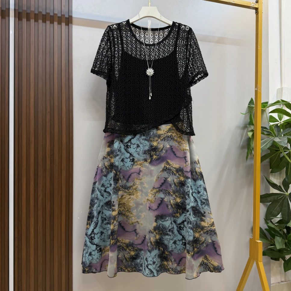 新款大码女装时尚洋气吊带连衣裙十网纱外搭两件套套装