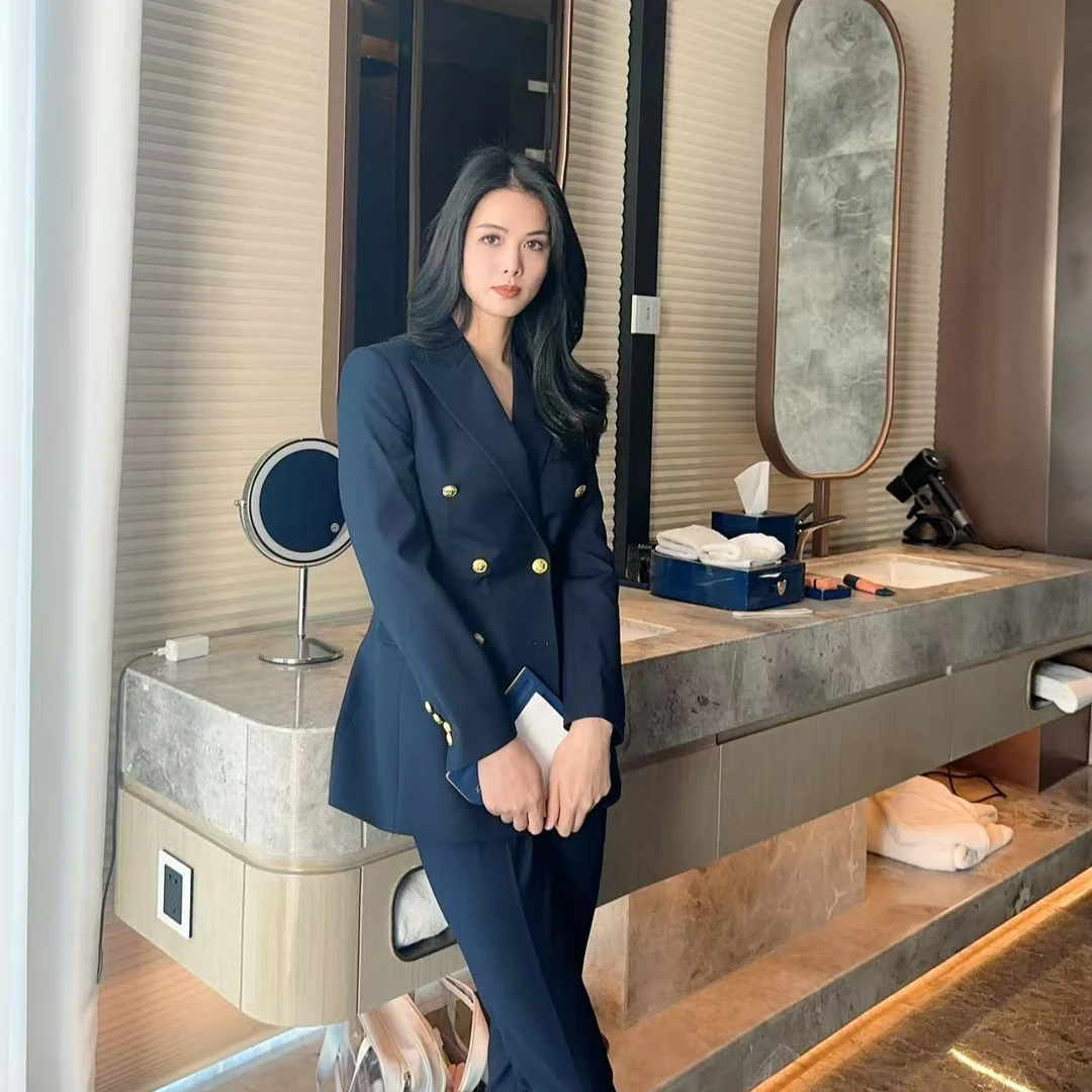 藏青色双排扣西装套装金属扣九分裤显瘦气质蓝色职业通勤西服