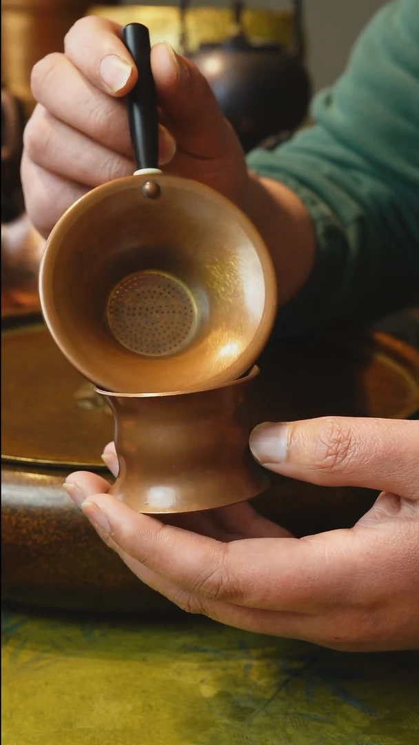 纯紫铜烤色木柄茶漏＋茶漏托