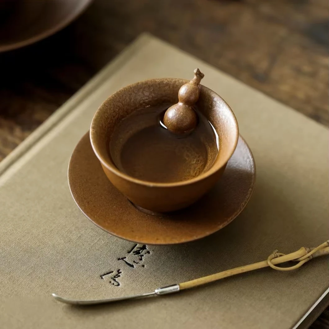雅澜/纯手工酱釉葫芦杯陶瓷创意复古主人杯家用功夫茶具茶杯+杯垫