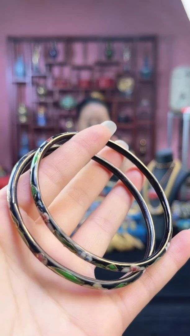 非遗 景泰蓝叮当镯 60-65 一对 黑色