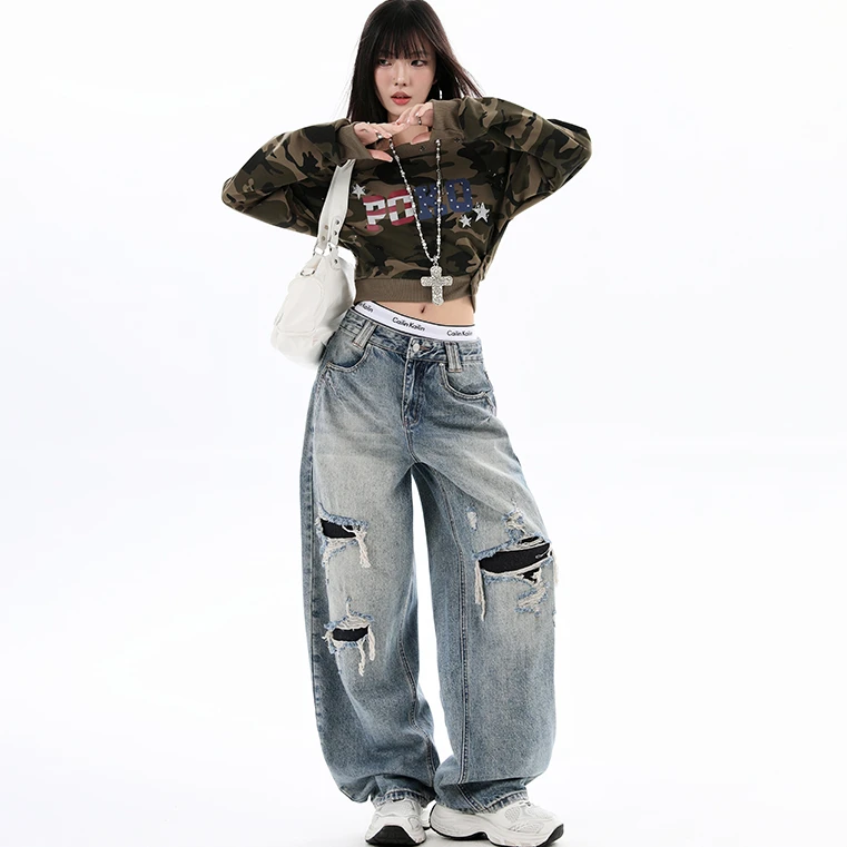 GL 破洞补丁牛仔裤美式女新款高腰显瘦宽松设计感阔腿拖地裤子冬