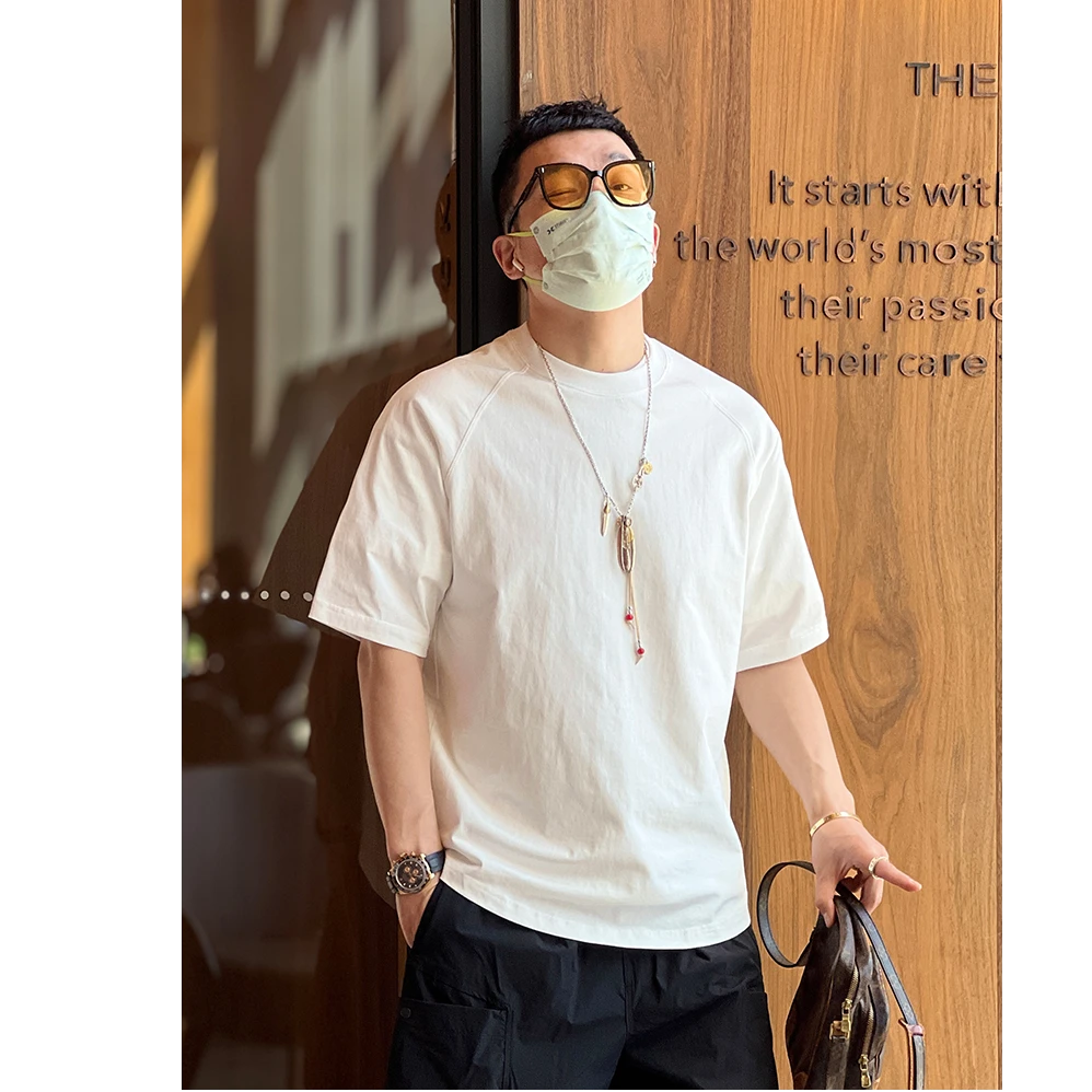 玛加西曼特夏季日系复古男纯色休闲男士短袖T恤透气棉圆领插肩