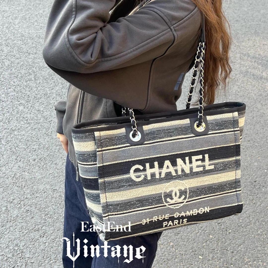 95新 Chanel/香奈儿 東区-条纹字母沙滩包tote单肩包/56305