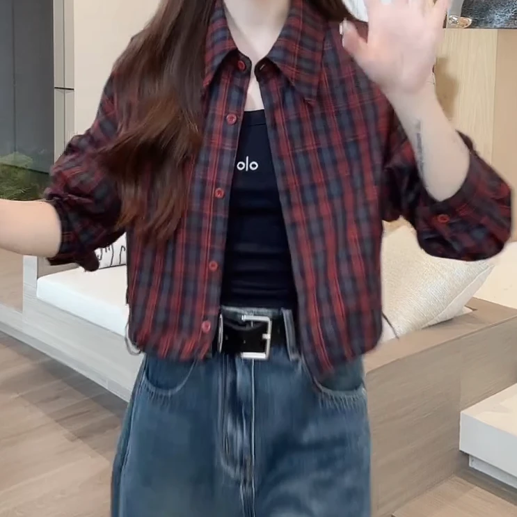 秋季气质复古小个子宽松知性文艺经典款格子衬衫外套C5818