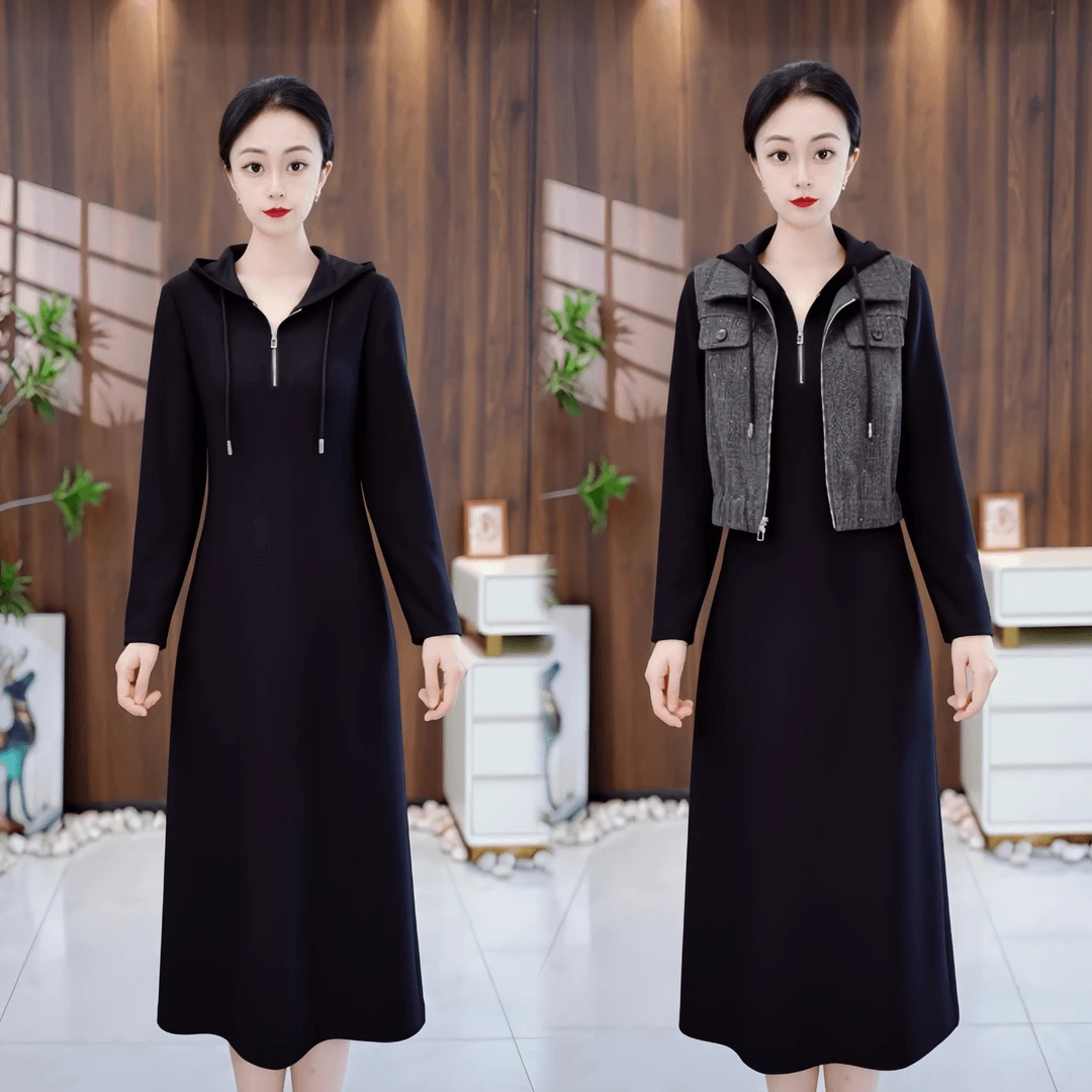 【两件套】秋季新款洋气显瘦高级感连帽卫衣裙+马甲百搭小个子减龄.