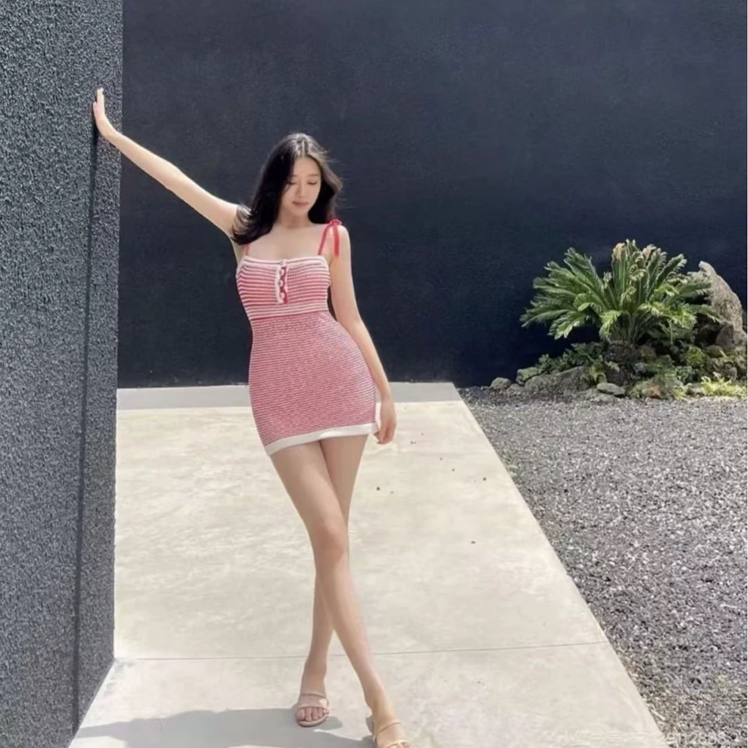 99新 Chanel/香奈儿  红色肩部系带针织连衣裙/f34/编号6345