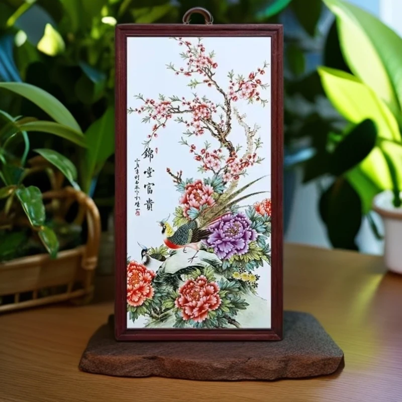 景德镇陶瓷瓷板画玄关挂画花鸟锦堂富贵实木边框86*46cm