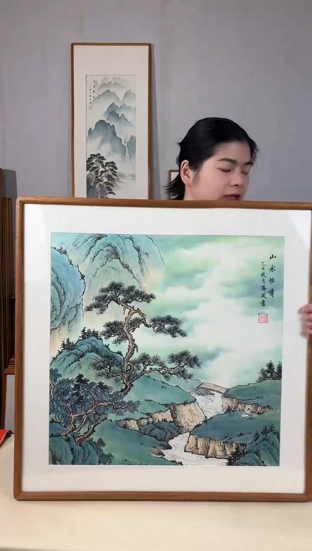 国画手绘*山水怡情*62*62cm实木框