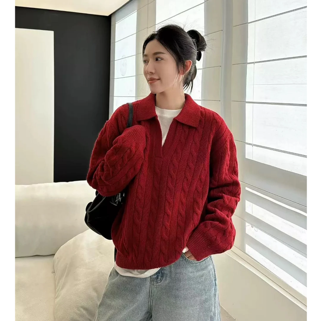 2024冬季新款慵懒风Polo领剪刀领麻花编织加厚长袖针织毛衣 6951