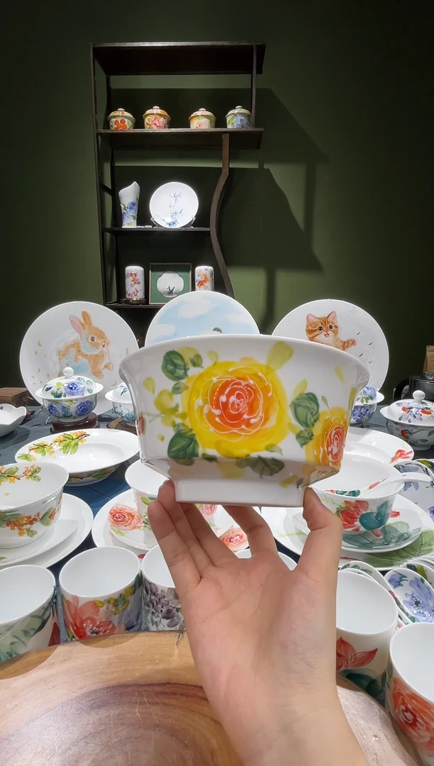 碗景德镇高温釉下彩6.5英寸金钟碗黄玫瑰