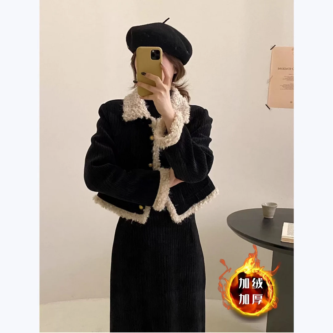 套装女小香风加绒加厚冬2025新款高级感灯芯绒短外套半身裙两件套