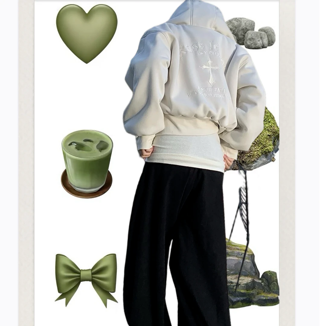 【安-雪天暖炉】巴恩风美式复古短款连帽加厚保暖立体刺绣卫衣外套