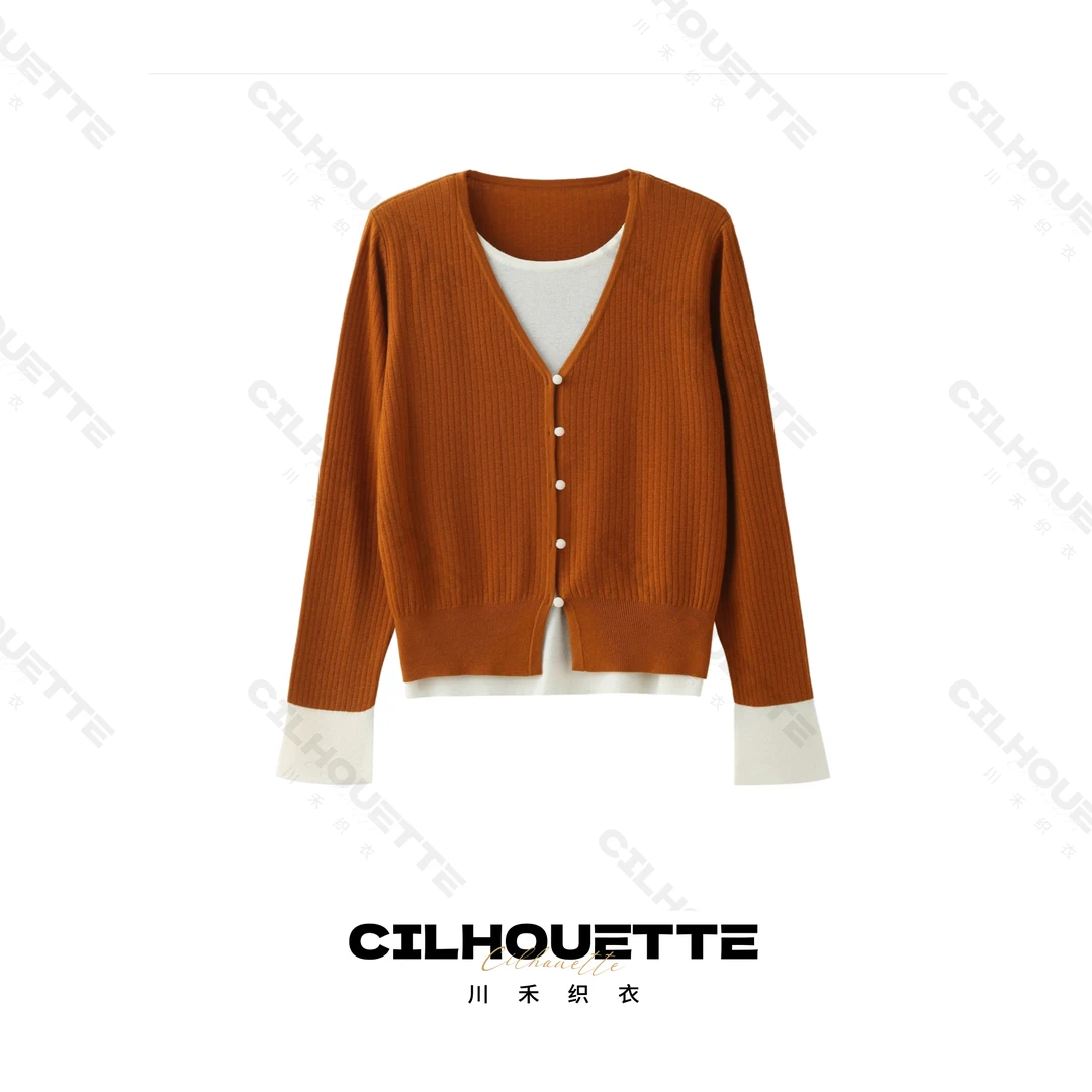 【清】川禾织衣 早春撞色假两件羊毛衫显瘦长袖针织开衫外套毛衣女