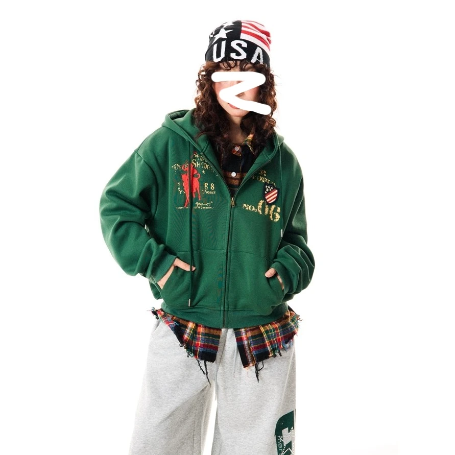 美式复古设计感字母刺绣印花连帽卫衣男女重磅宽松百搭帽衫
