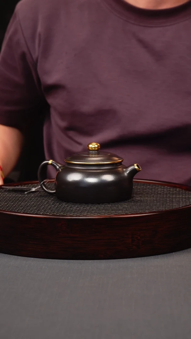 茶壶紫砂石黄描金半月