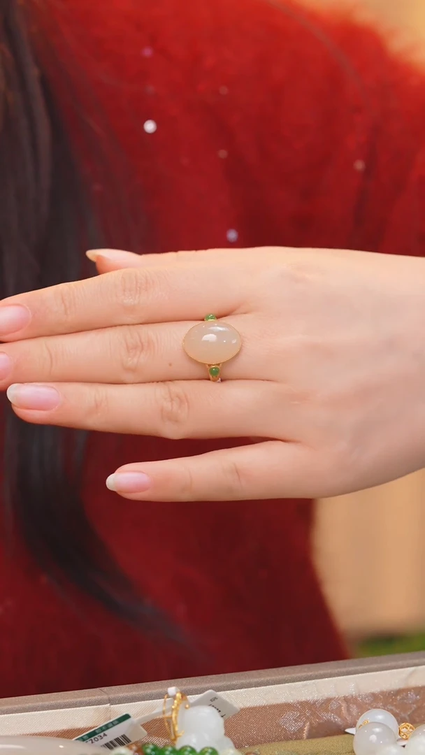 【闪购商品】和田玉戒指18K金镶嵌藕粉@@N2349