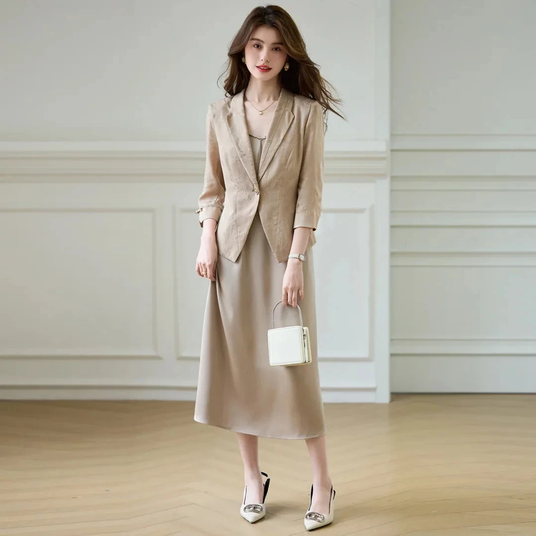 D056新西装吊带裙两件套春夏季洋气减中袖外套中长裙休闲女式套装