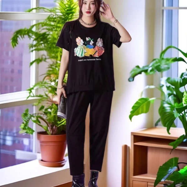 大版圆领（宝蜜3支兔款）时尚上衣女士休闲百搭夏季潮流短袖