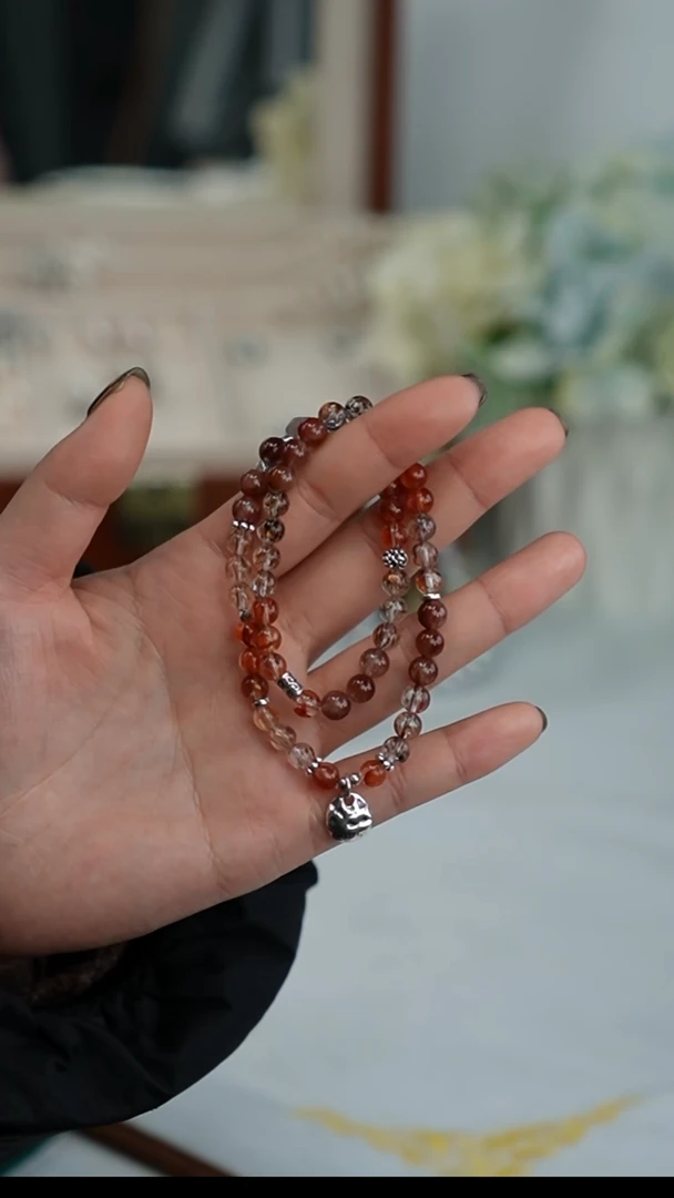【闪购商品】水晶手串银S925镶嵌红胶花黑金超七手串6MM