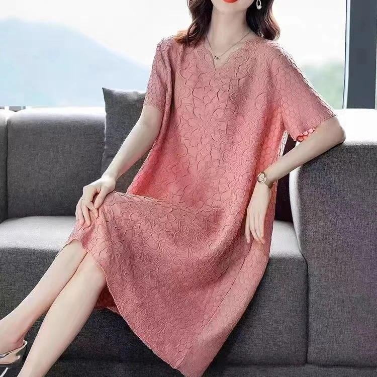 Na夏季高端时尚减龄显瘦大码气质V领褶皱连衣裙2288