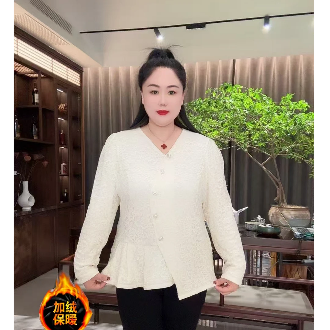 2025冬季新款时尚洋气V领蕾丝提花不规则加绒显瘦上衣