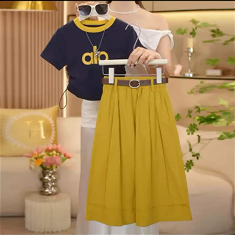 女童短袖九分裤套装2025夏季儿童洋气拼接收腰T恤防蚊阔腿裤薄款t